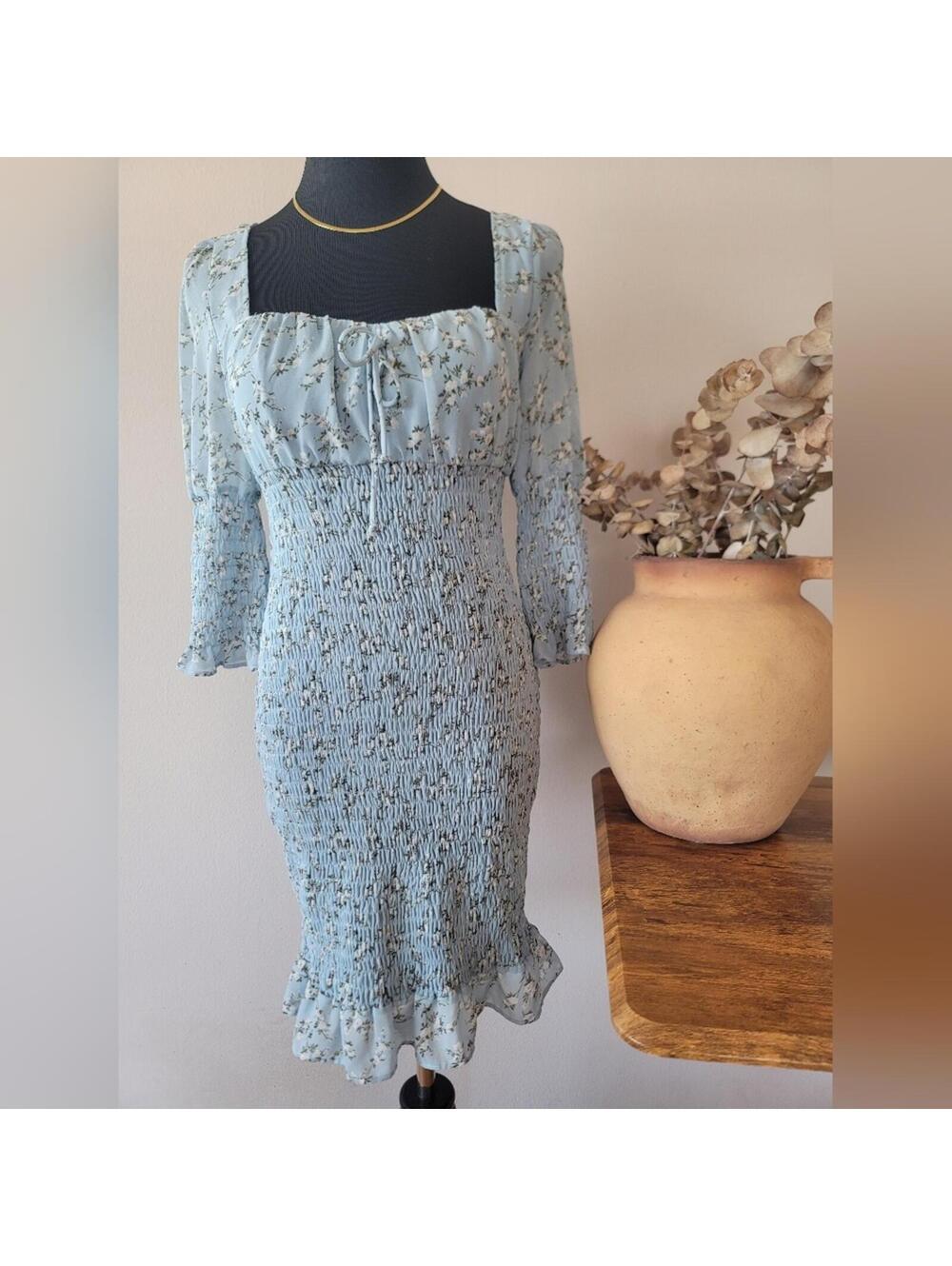 Cottagecore Blue Ditsy Floral Smocked Midi Dress Milkmaid S